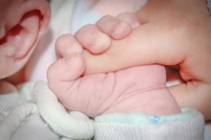 Das Neugeborene hat es mit der Muttermilch aus einer Handmilchpumpe gut.